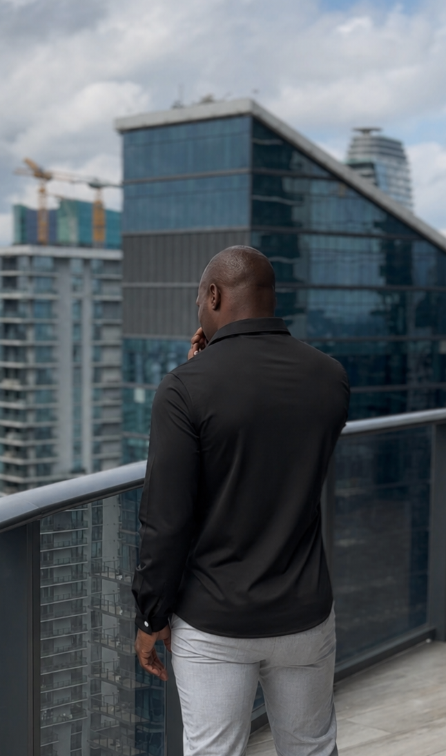 "Noir" Black Long Sleeve Performance Button Down